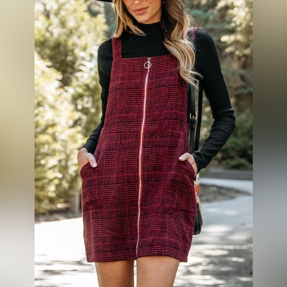 Women's Mini Dress Plaid O-Ring Zip Wide Straps Sleeveless Overall Dress - Picture 4 of 9